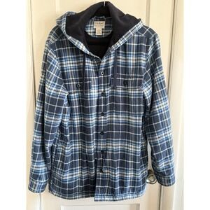 L.L.Bean Jacket Size Medium Blue Plaid Hooded Fleece Lined Flannel Shacket